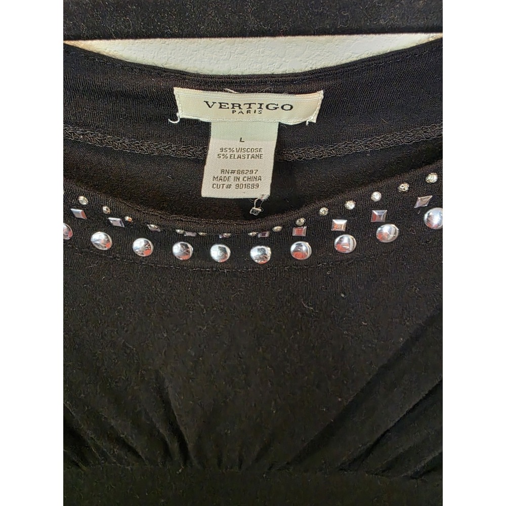 VTG Y2k Vertigo Paris Black Mini Dress Tunic Sz L Silver Studs‎ Side Cinch Party - Picture 3 of 6